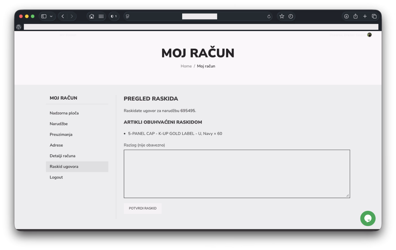 Primjer postavljenog gumba za raskid ugovora na stranici Moj račun u Woocommerce webshopu Primjer postavljenog gumba za raskid ugovora na stranici Moj račun u Woocommerce webshopu