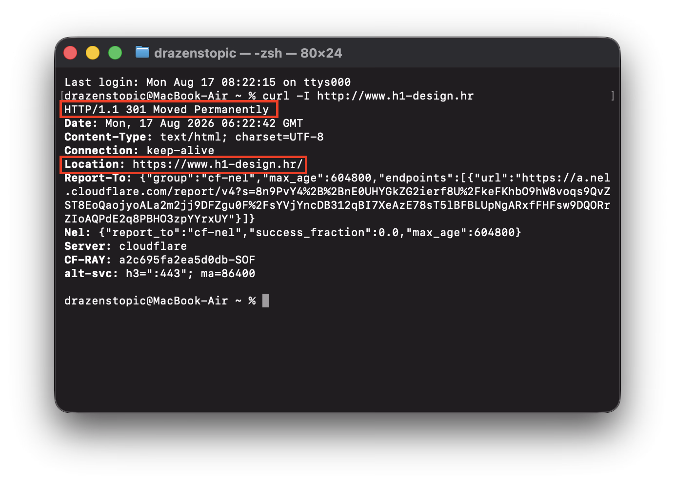 Provjera preusmjeravanja s HTTP na HTTPS naredbom curl -I: odgovor 301 Moved Permanently i zaglavlje Location s https adresom Provjera preusmjeravanja s HTTP na HTTPS naredbom curl -I: odgovor 301 Moved Permanently i zaglavlje Location s https adresom