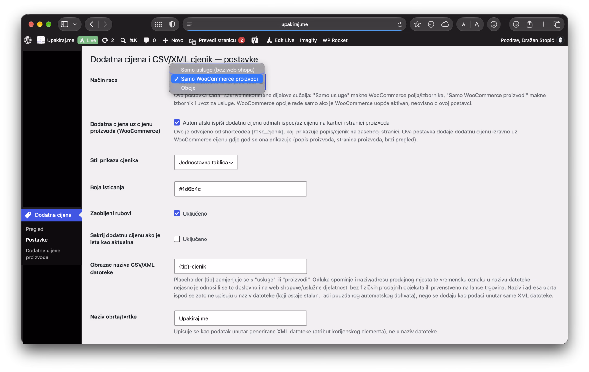 Stranica postavke Postavke dodatka za sidrenu cijenu u WordPressu — izbornik Način rada s opcijama Samo usluge, Samo WooCommerce proizvodi i Oboje