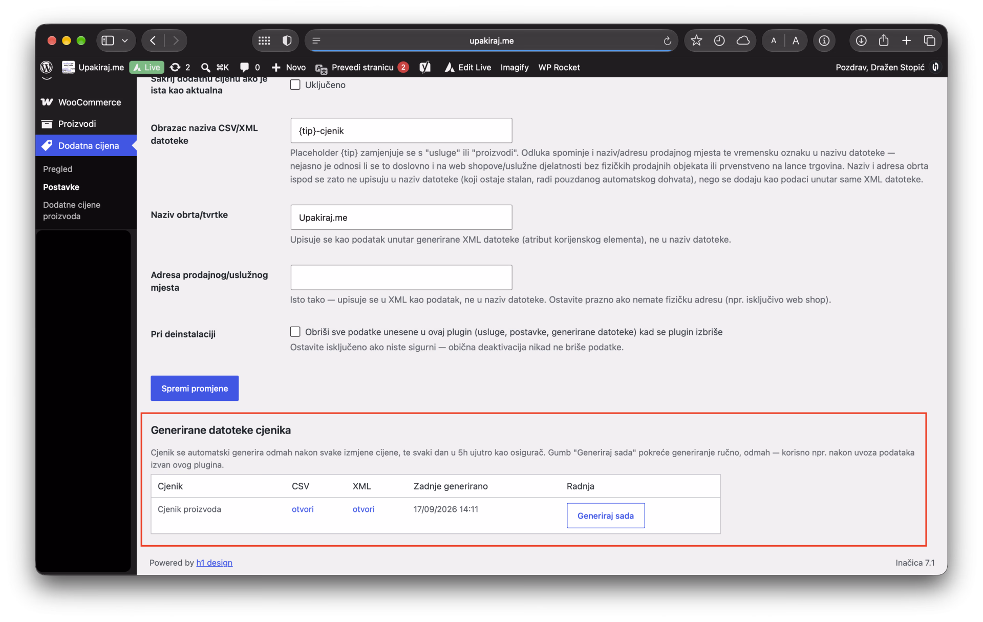 Generiranj XML/CSV cjenika Automatsko generiranje cjenika — tablica generiranih CSV i XML datoteka s vremenom zadnjeg generiranja